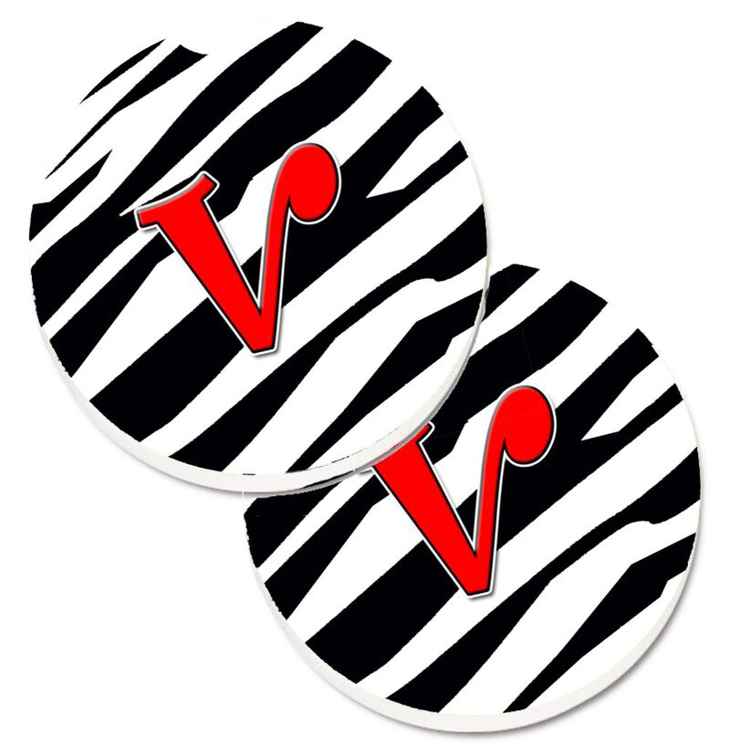 Caroline's Treasures Monogram Initial V Zebra Red Set of 2 Cup Holder Car Coasters CJ1024-VCARC, 2.56, Multicolor