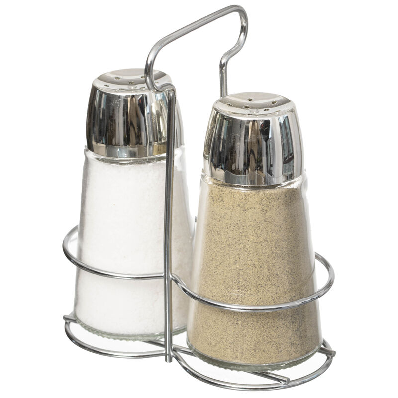Basicwise Multifunctional Glass Salt and Pepper Shaker Set with Stainless Steel Holder - Perfect for Kitchen Counters, Kitchen Tables, Dining Tables, and Restaurants, Featuring a Refillable Design
