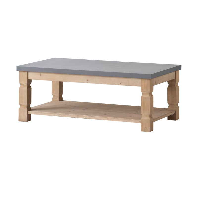 48 Inch Coffee Table, Rectangular, Concrete Top, Wood Frame, Rustic, Gray-Benzara image number 1