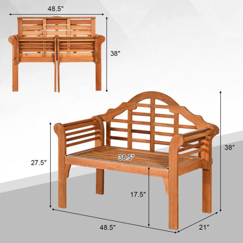 Hivago 49 Inch Eucalyptus Wood Outdoor Folding Bench with Backrest Armrest for Patio Garden