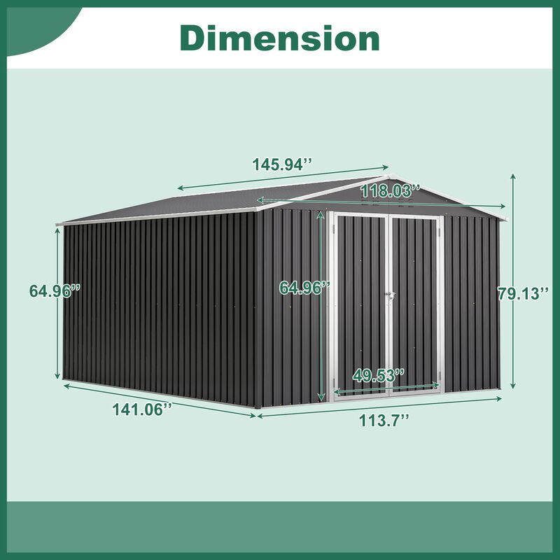 10FT x12 FT Outdoor Storage Shed, Utility Metal Tool Storage with Lockable Doors image number 2