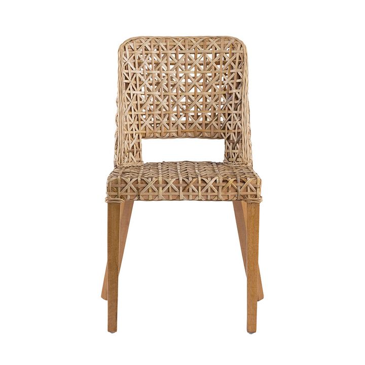 21 Inch Dining Side Chair, Woven Rattan Backrest, Wood Frame, Natural Brown-Benzara