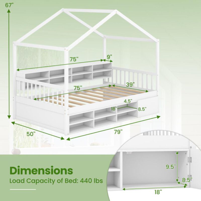 Hivvago Twin Size House Bed with Roof with 14 Storage Cubes and Enclosed Cabinet