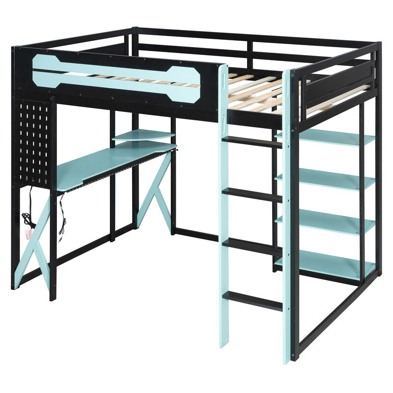 Merax Full Size Wood Loft Bed with Desk, Shelves, Power Outlet image number 0