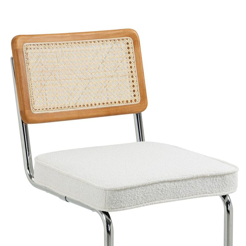 Glamour Home Set of 2 White Boucle Fabric Bar Stool Rattan Backrest and Silver Steel Legs