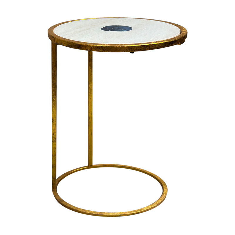 20 Inch Round Side End Table, White Marble Top with Blue Agate Stone Inlay, Gold Foil Finish Iron Frame