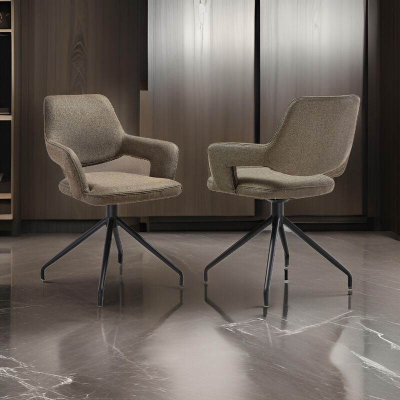 Samy 23 Inch Swivel Dining Chair Set of 2, Curved Back, Brown, Black Legs - Benzara