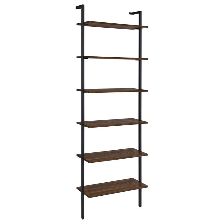 Wens Wall Mounted Bookcase Unit, 6 Open Shelves, Black Metal, Brown