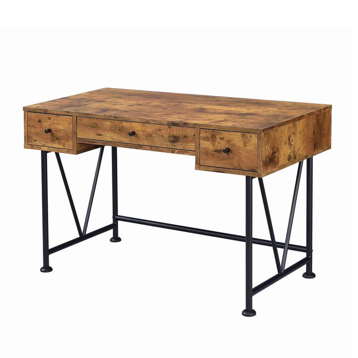 48 Inch Chic Wood Writing Desk 3 Drawer, Rustic, Metal Base, Antique Brown-Benzara