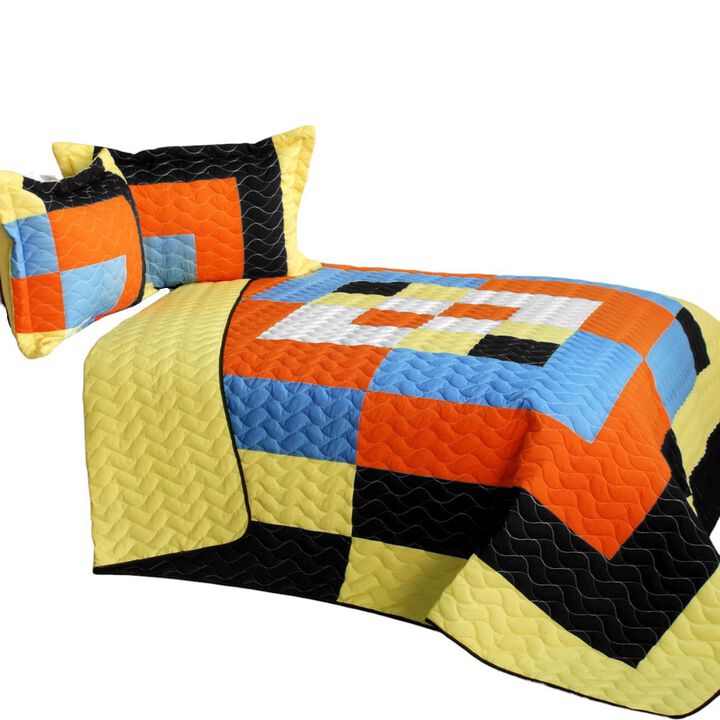 3PC Vermicelli-Quilted Patchwork Quilt Set Lightweight All-Season Bedding