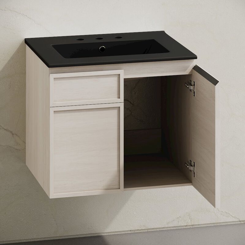 24" Wall-Mounted Bathroom Vanity in White Oak, Black 3-Hole Widespread Sink Top image number 3