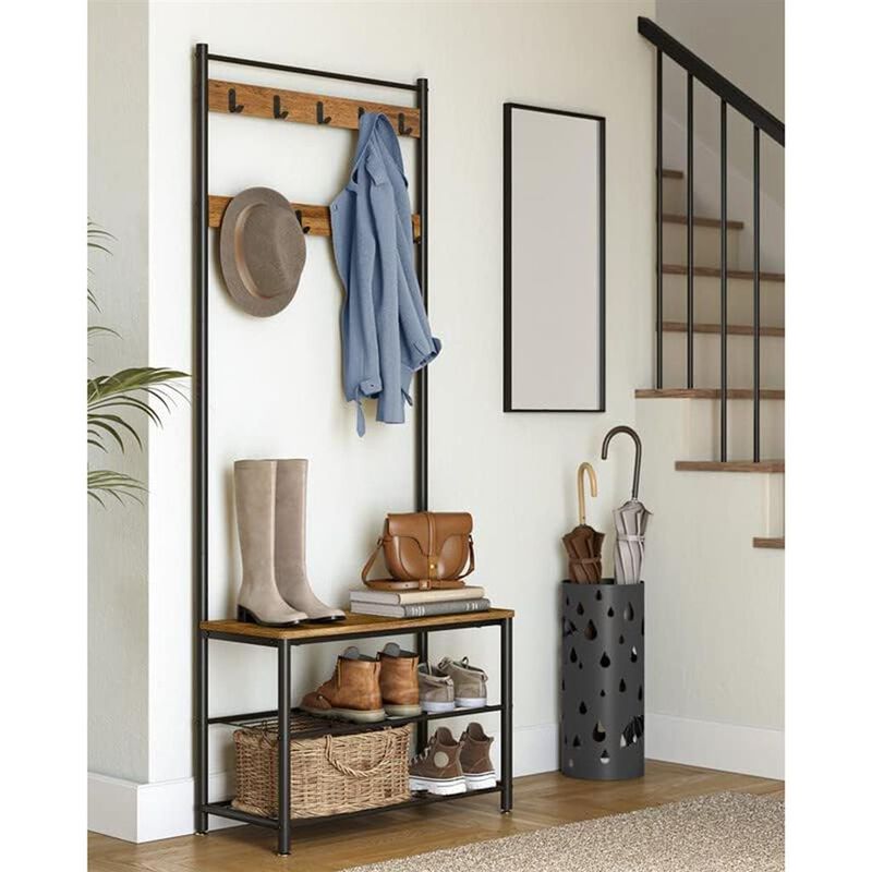Coat Rack and Shoe Bench with Storage Shelf and Metal Frame