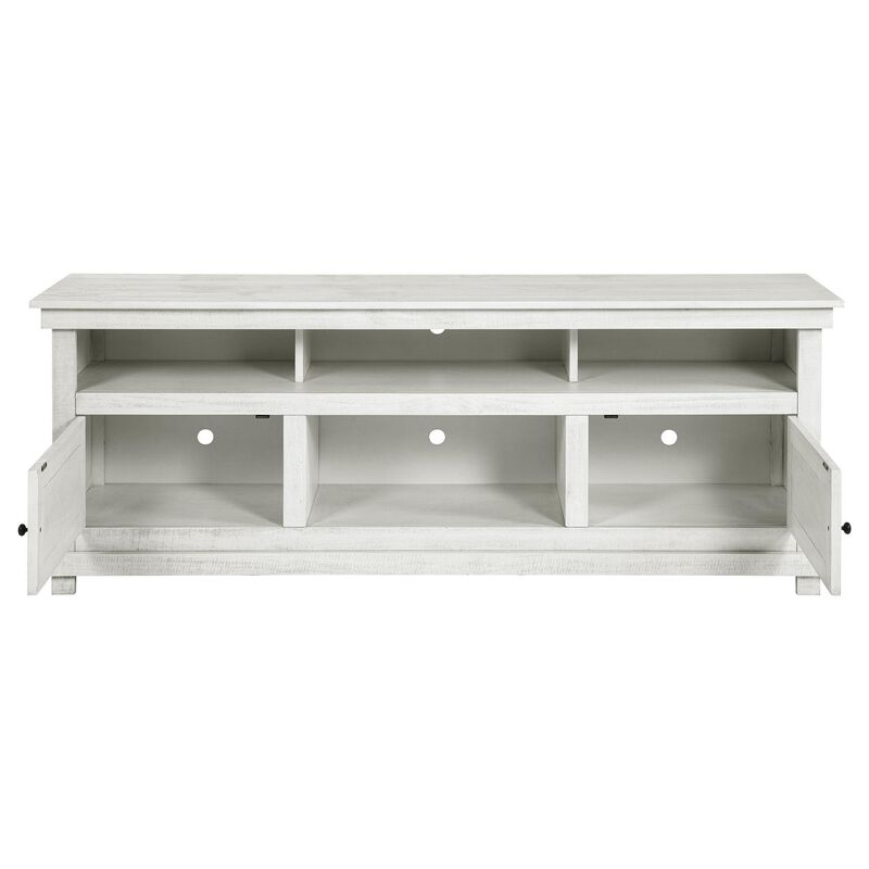 Ayne TV Stand Media Cabinet, 2 Doors and 4 Shelves, White Wood 70 Inch - Benzara