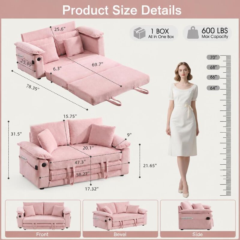 GOODSILO 3-in-1 Upholstered Convertible Futon Sofa Bed, Foldable Tufted Loveseat Pull Out Sleeper Couch with Side Pockets for Small Living Spaces image number 1