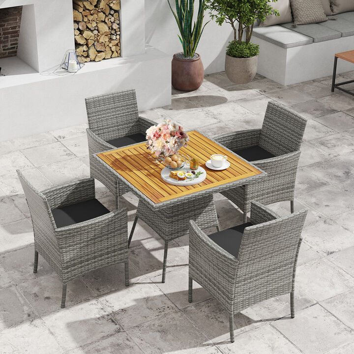 5 Pieces PE Wicker Patio Dining Set Outdoor Acacia Wood Table and Chairs