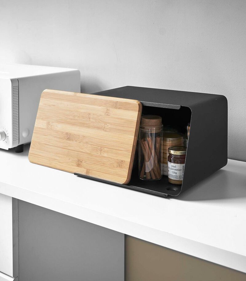 Bread Box with Cutting Board Lid - Steel + Bamboo image number 9