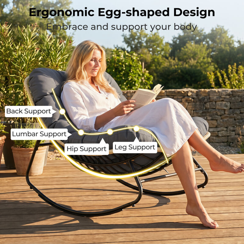 Patio Papasan Rocking Chair with Grey Thick Cushion for Outdoor Comfort image number 4