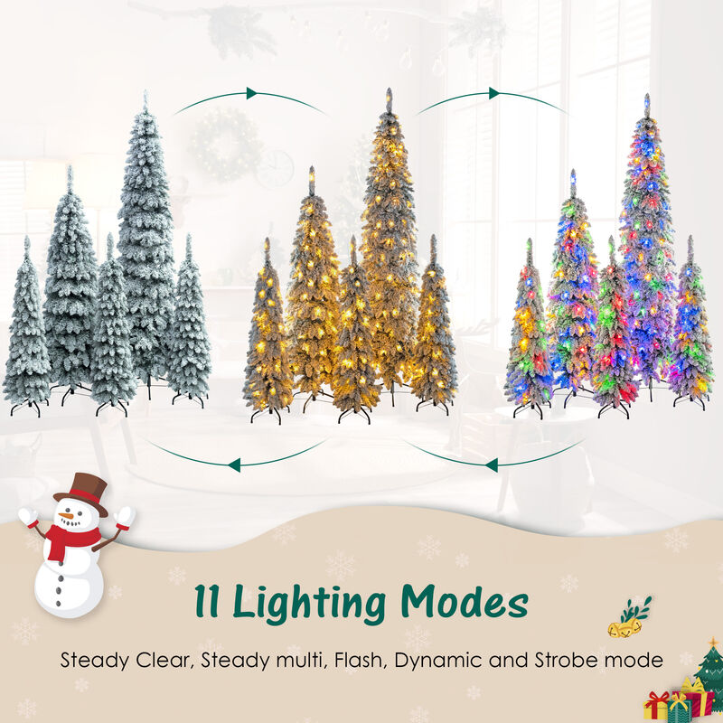 Whisen 8FT, 6FT, 4FT x 3 Pre-Lit Pencil Christmas Trees, 5-set Slim Artificial Christmas Tree With Snow Flocking, Xmas Holiday Decoration Tree, 1820 Branch Tips, 350 LED Lights image number 7