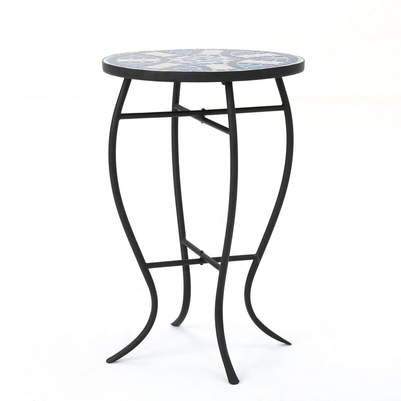 Outdoor Side End Table, 14 Inch Round Blue, White Mosaic Ceramic Top - Benzara image number 2