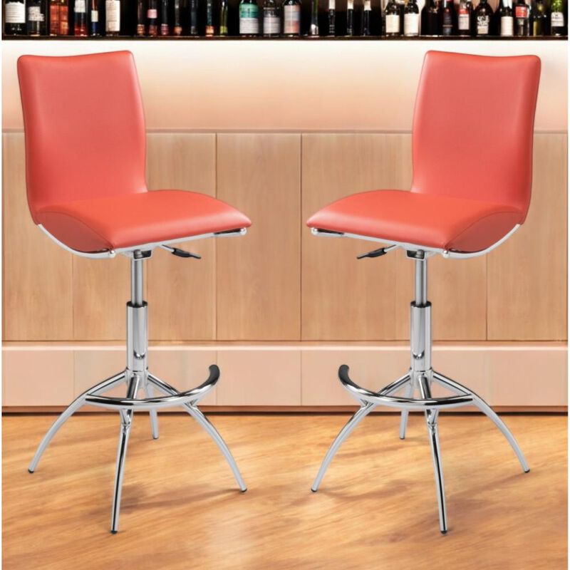 Hivvago Set of Two Orange and Silver Faux Leather and Metal Low Back Adjustable Height Bar Chairs