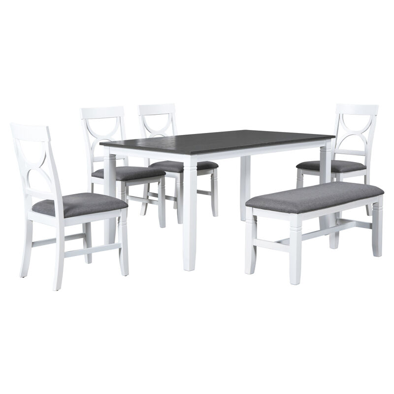 6-Piece Wood Dining Table Set Kitchen Table Set with Upholstered Bench and 4 Dining Chairs, Farmhouse Style, Gray+White