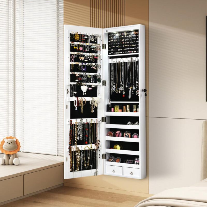 Hivvago Wall and Door Mounted Mirrored Jewelry Cabinet with Lights
