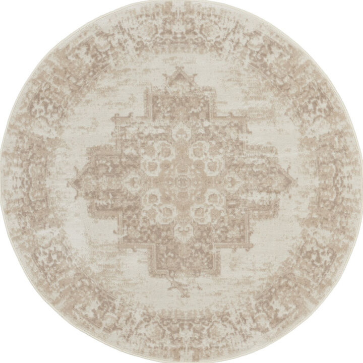 HomeRoots Floral Power Loom Worn Faded Round Rug