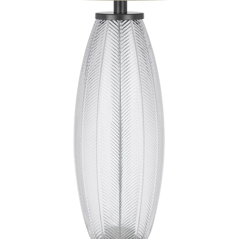 Leno 32 Inch Table Lamp, Leaf Pattern Clear Glass Base, Beige Shade - Benzara