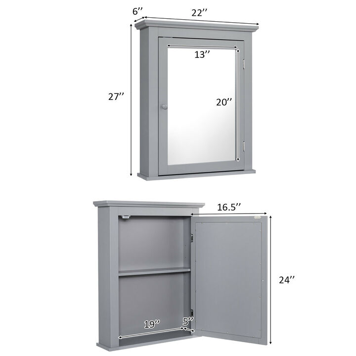 Costway Bathroom Mirror Cabinet Wall Mounted Adjustable Shelf Medicine Grey