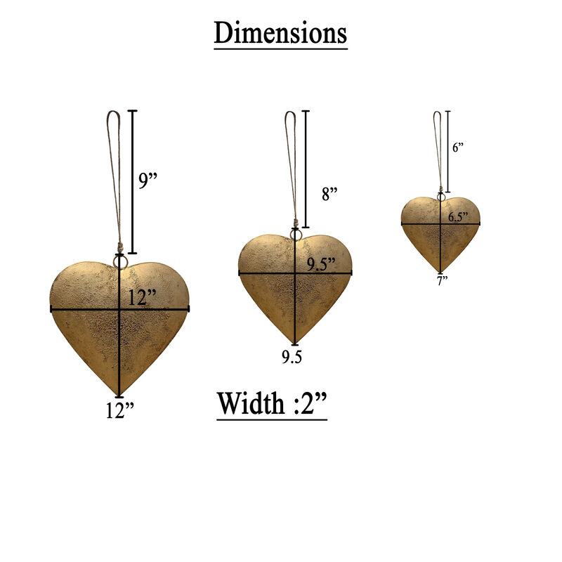 Myri Decorative Metal Heart Wall Decor Set of 3, Antique Gold Iron with Jute Hanging Rope, 12, 9.5, 7 Inches