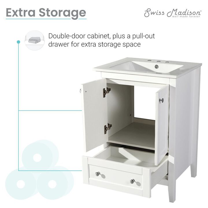 Cannes 24 in. White Bathroom Vanity with 3-Hole Ceramic Sink Top