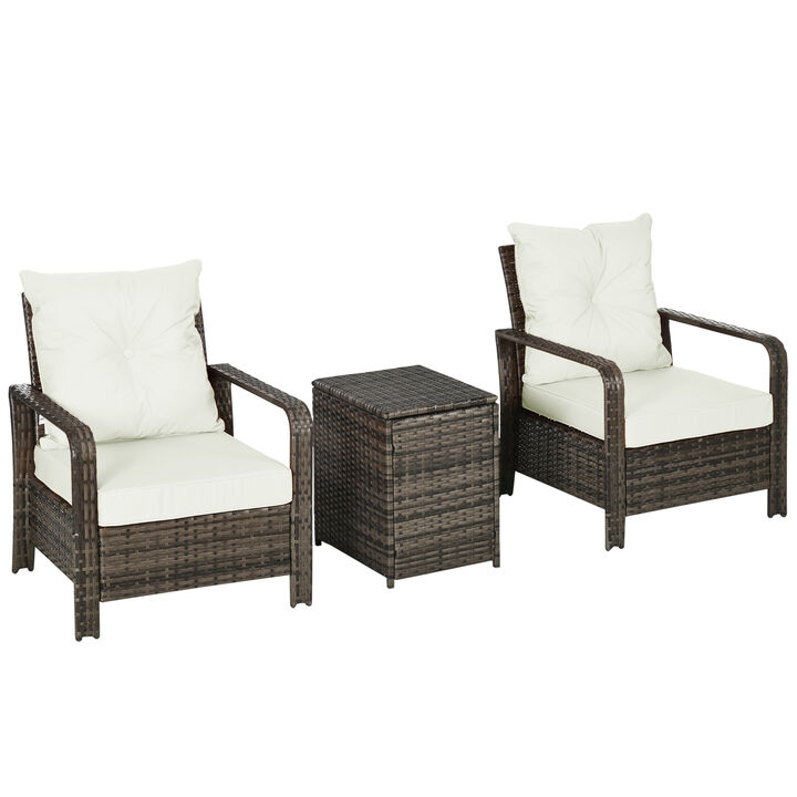 Outsunny 3 Piece Patio Furniture Set, PE Rattan Wicker Storage Table and Chairs w/ Tufted Cushions for Outdoor Garden, Backyard, Poolside, Balcony, Beige