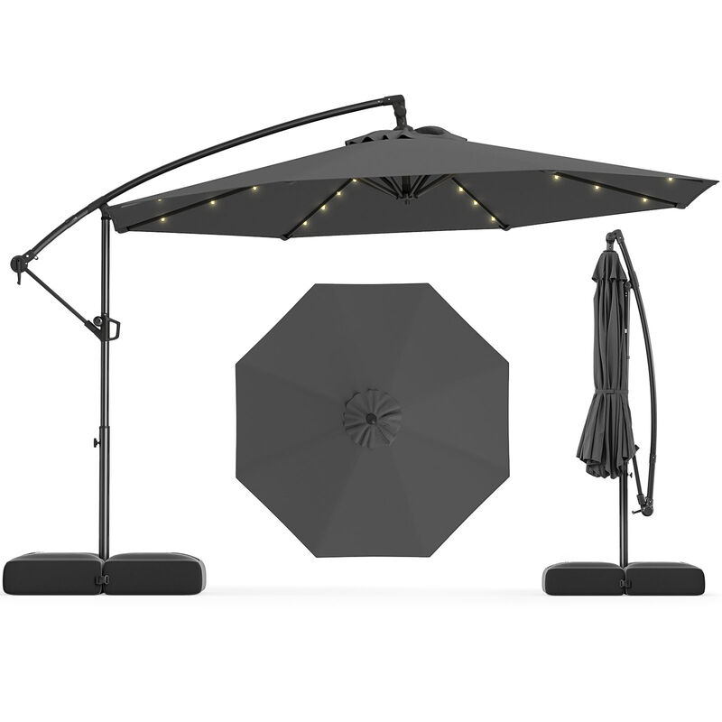 Solar Offset Umbrella with 32 LED Lights &ndash; Hanging Patio Shade with Base