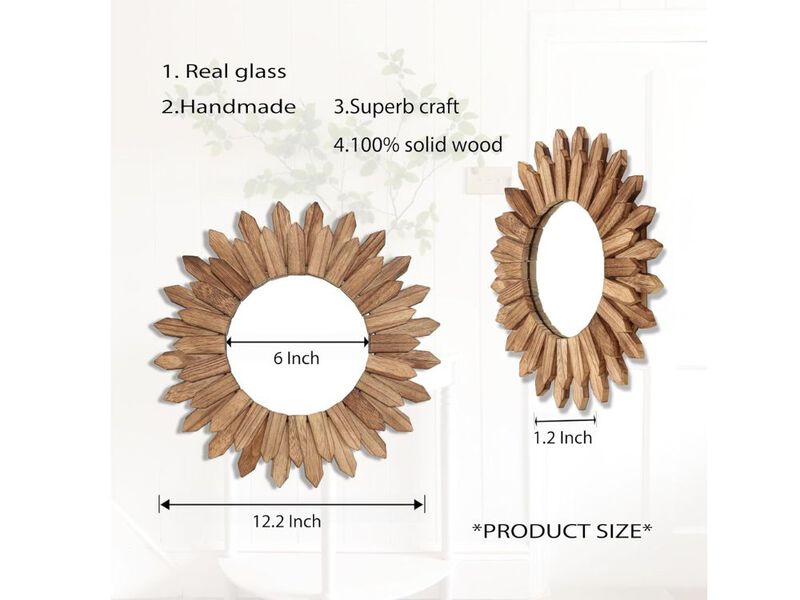 12" Rustic Boho Sunburst Mirror &ndash; Wood Farmhouse Wall Decor