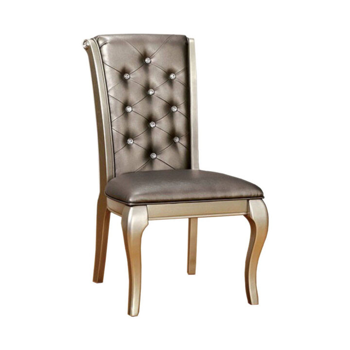 Leatherette Buttoned Side Chair with Cabriole Legs, Set of 2, Gray and Gold-Benzara
