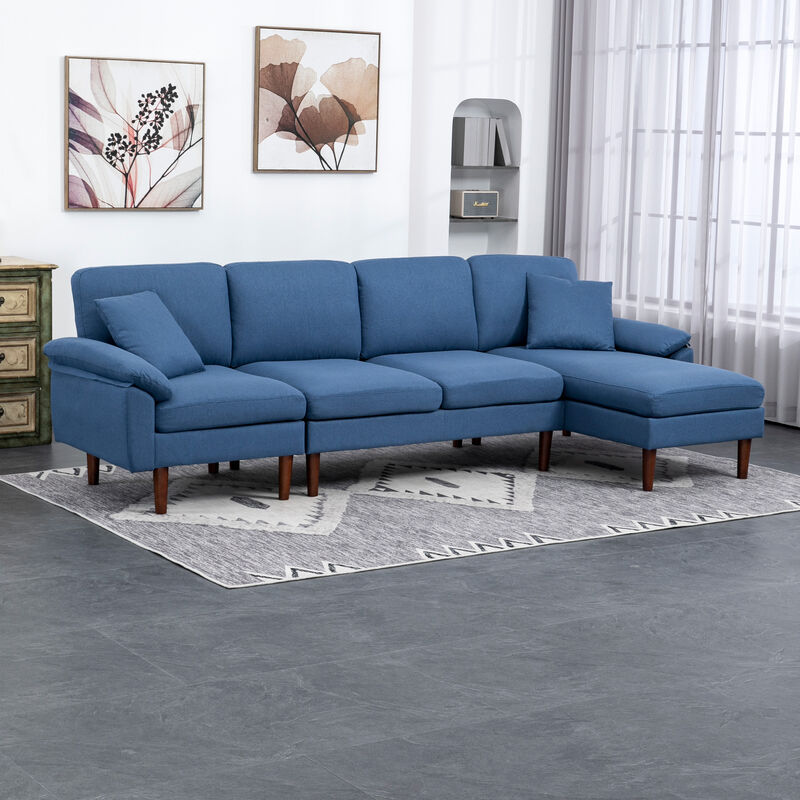 HOMCOM Sectional Sofa with Reversible Chaise Lounge, Modern L Shaped Corner Sofa with Pillows, Wooden Legs, Fabric Sectional Couch for Living Room, Blue