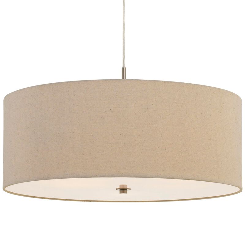 60W x 3 Drum Shade Pendant Fixture, Beige and Silver - Benzara