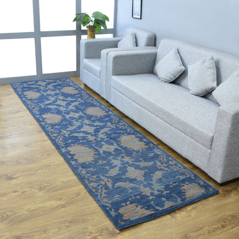 HAND KNOTTED WOOL Floral AREA RUGS  - 2'6''x10', Runner Shape, Blue Color, Floral Modern, Medium Pile Handmade Area Rugs for Living Room, Bed Room (N00908)