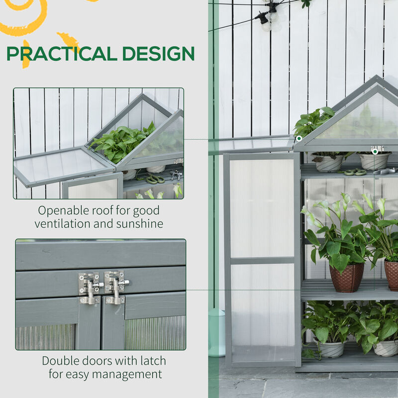 Outsunny 32" x 19" x 54" Garden Wood Cold Frame Greenhouse Flower Planter with Adjustable Shelves, Double Doors, Grey