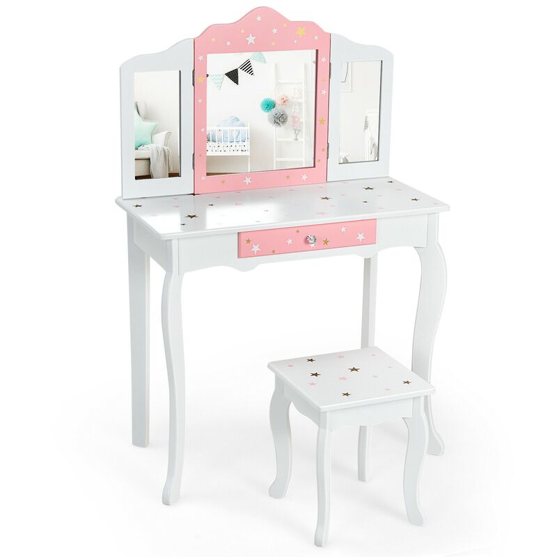 Kids Princess Vanity Table and Stool Set with Tri-folding Mirror and Drawer