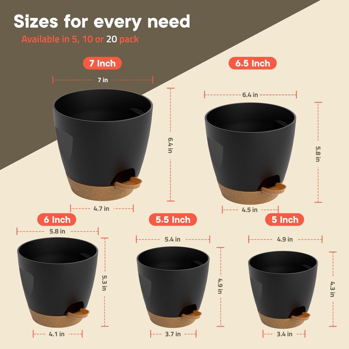 20-pack black self-watering plant pots with wick rope, drainage holes, and easy watering lip. Lightweight plastic design ideal for succulents, herbs, and houseplants indoors or outdoors.