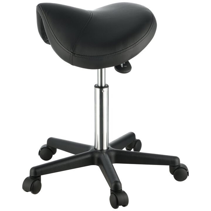 Ergonomic Saddle Stool with Wheels, Swivel PU Leather Seat for Spa, Clinic & Tattoo Studio-Black