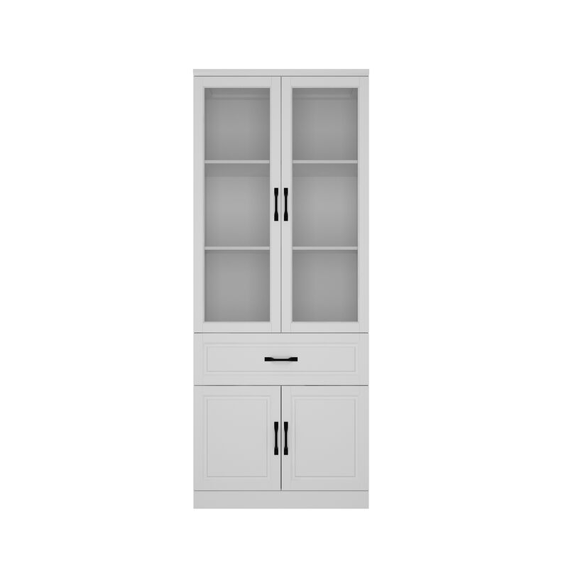 FUFU&GAGA Kitchen Storage Cabinet with Glass Doors, Adjustable Shelves, and Drawer for Organization (31.5" W x 15.7" D x 78.9" H) White