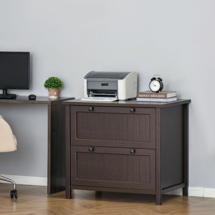 Walnut Lateral File Cabinet: File cabinet with wheels, serving as a mobile printer stand, with open shelves and drawers for A4 size documents.