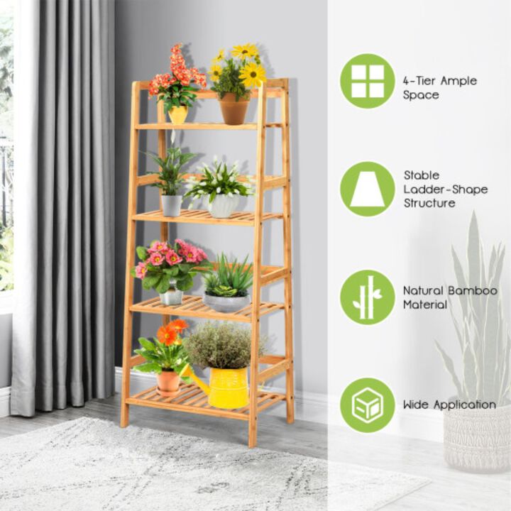 4-Tier Bamboo Plant Rack with Guardrails Stable and Space Saving