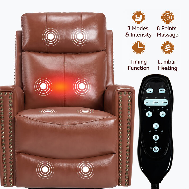 Gnuine Leather Heat Massage Manual Recliner Chair with Rocker and Swivel image number 3