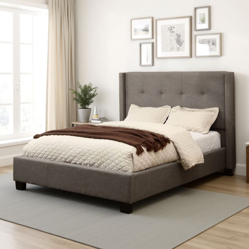 Adams Low Profile California King Bed, Piped Edges, Tufted Linen, Gray