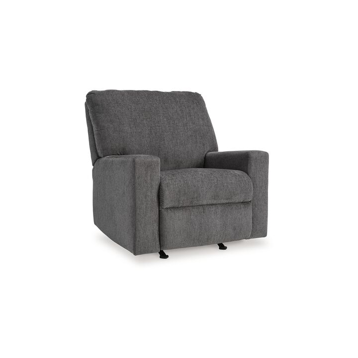 Anise Manual Rocker Recliner Chair, Pull Tab, Pewter Gray Polyester - Benzara