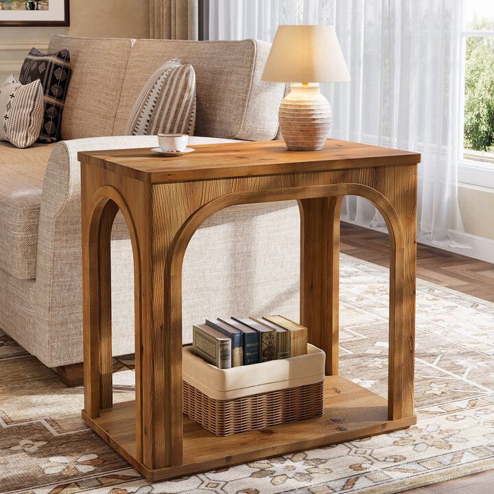 2-Tier Solid Wood Farmhouse End Table with Shelf for Living Room - Rustic Brown