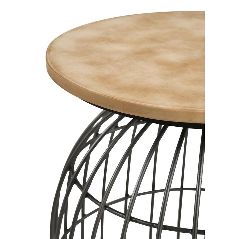 21 Inch Round Accent Table with Bird Cage Style Base, Beige Marble, Black